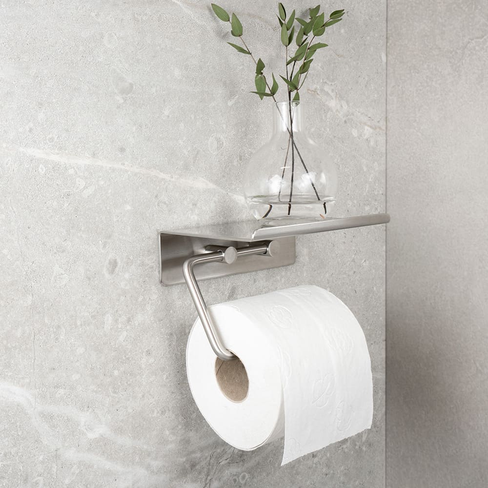 Base Toilet Roll Holder With Shelf - Brushed Stainless Steel